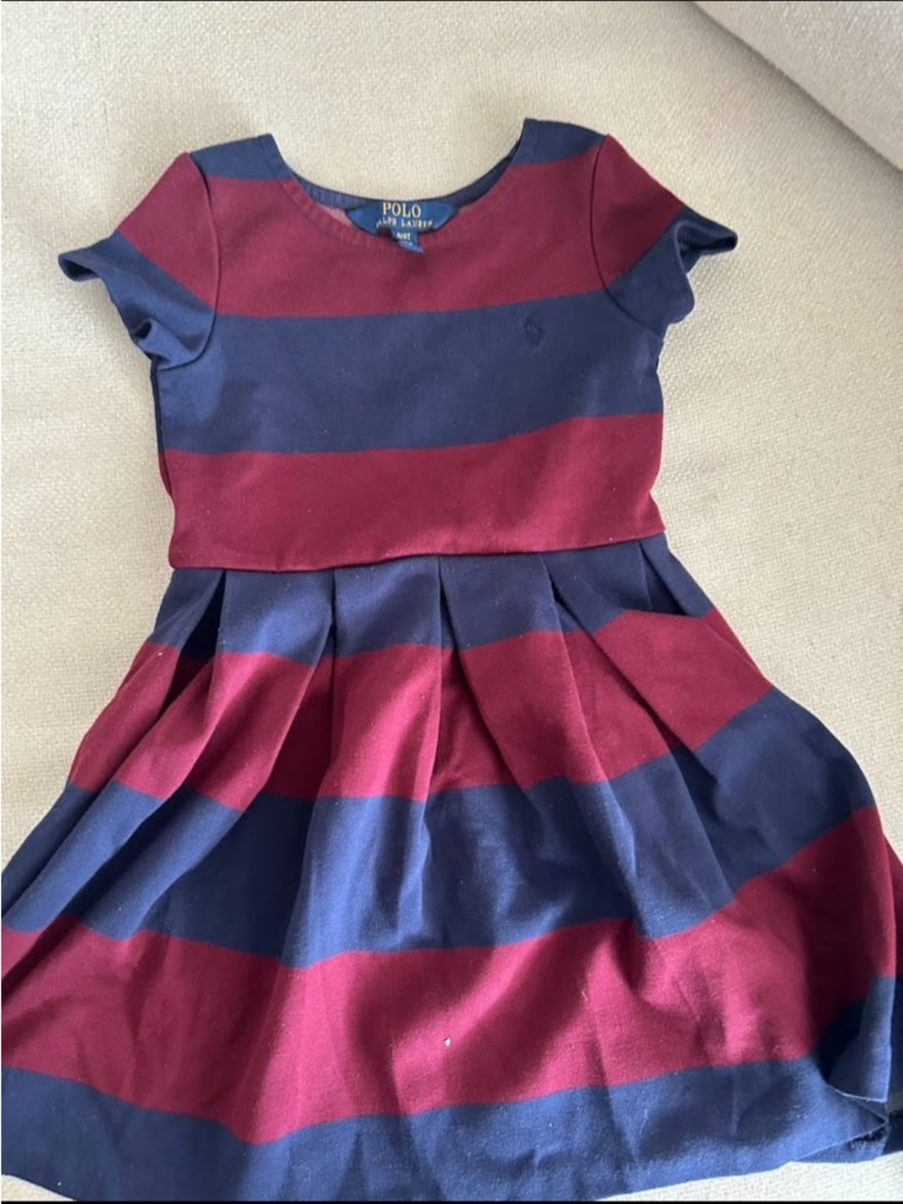 Polo by Ralph Lauren Navy & Burgundy Striped Pleated Kids Dress 4T